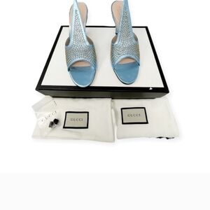 NWOT GUCCI Fedra Crystal Embellished EU 36.5 US 6.5 Metallic Blue Heels